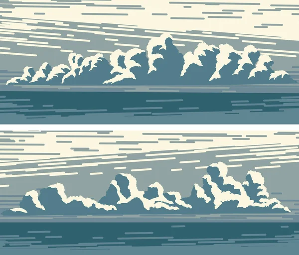 水平線と青い海の上の積雲の雲と水平方向のレトロなバナーの設定 — ストックベクタ