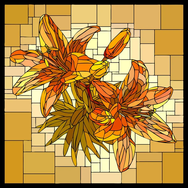 Vector Square Angular Mosaic Blooming Orange Lilies Buds Yellow Stained — Stock Vector