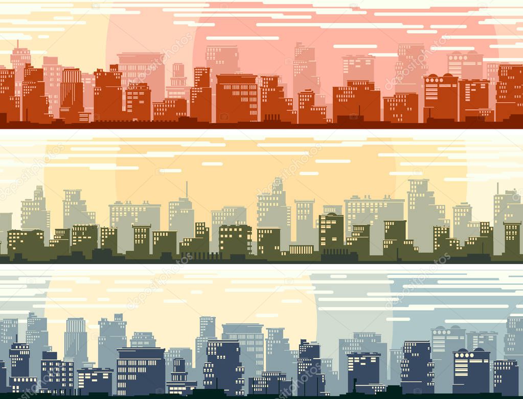 Set of horizontal banners of cartoon stylized big city with downtown and skyscrapers.