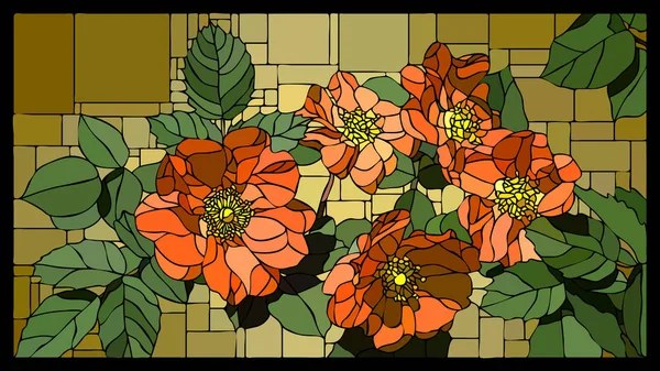 开花狗玫瑰与芽彩色玻璃窗框向量角马赛克 — 图库矢量图片