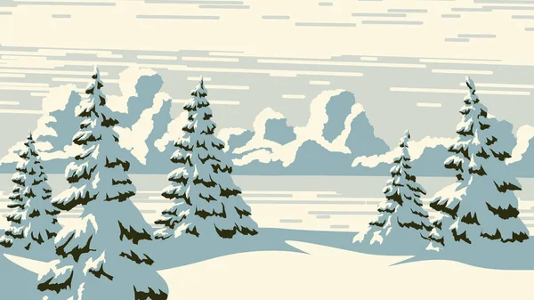 Ilustración Vectorial Horizontal Abetos Nevados Nubes Estilo Retro Azul — Vector de stock