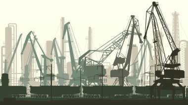 Şehirde kargo terminal vinç kulesi ve demiryolu tren ile endüstriyel yer yatay çizimi.