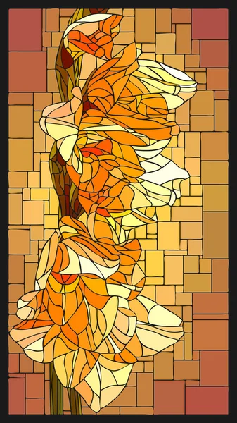 带开花的黄色角斗士的矢量角状马赛克 带花蕾彩色玻璃窗户框架 — 图库矢量图片