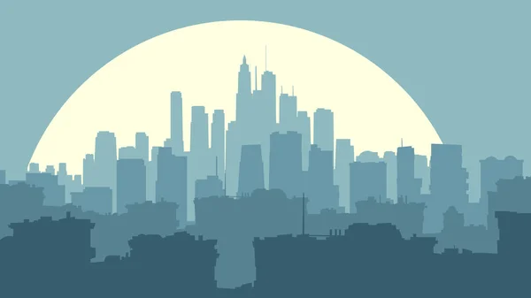 Οριζόντια Εικονογράφηση Φορέα Της Μεγαλούπολης Και Ουρανοξύστες Σελήνη Στο Μπλε — Διανυσματικό Αρχείο