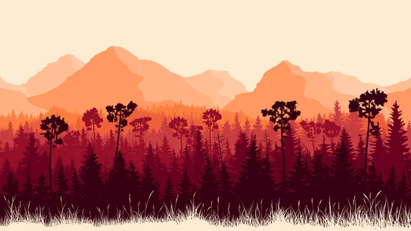 Ilustración Vertical Horizontal Montañas Bosques Coníferas Con Hierba Tono Rojo — Vector de stock