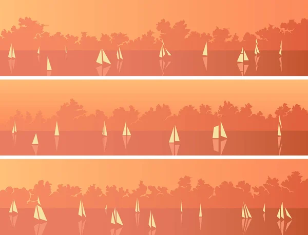 一套水平简单的横幅与许多不同的帆船和积云在地平线在日落 — 图库矢量图片