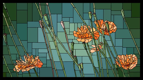 Vector Kantiga Mosaik Med Blommande Orange Vallmo Papaver Med Knoppar — Stock vektor