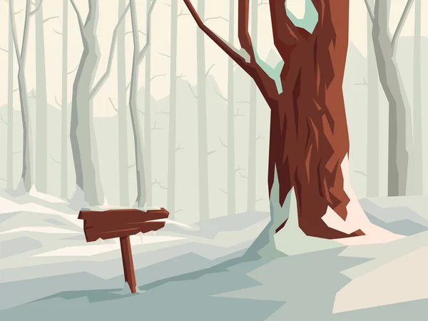 Vector Simple Ilustración Horizontal Bosque Nevado Con Árboles Letrero Madera — Archivo Imágenes Vectoriales