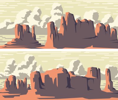 Set of vector stylized banner of wild west desert area with rocks and clouds. clipart