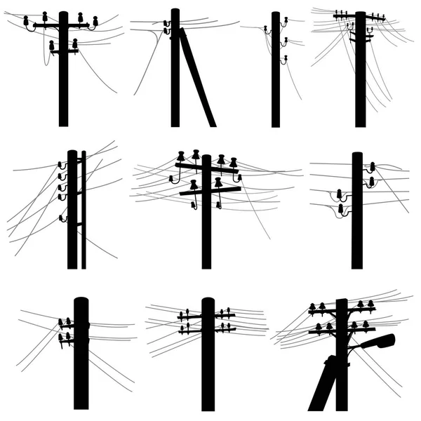 Набір Векторних Силуетів Прості Полюси Лінії Електропередачі Проводами Середній Напрузі — стоковий вектор