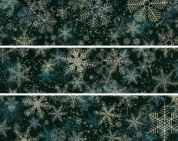 Conjunto Banderas Horizontales Invierno Nocturno Nevadas Copos Nieve — Vector de stock