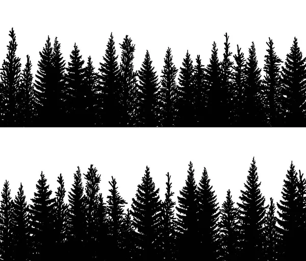 針葉樹林の梢の森 トウヒ モミの木のベクトル水平バナー シルエットのセット — ストックベクタ