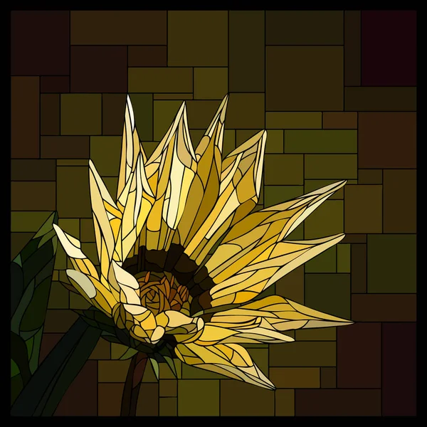 Vetor Mosaico Angular Com Floração Amarelo Gazania Moldura Vitral — Vetor de Stock