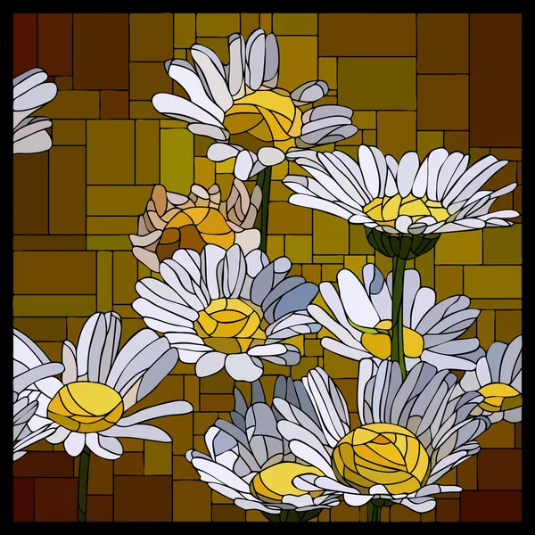 Vector Angular Mosaic Blooming Daisies Stained Glass Window Frame — Stok Vektör