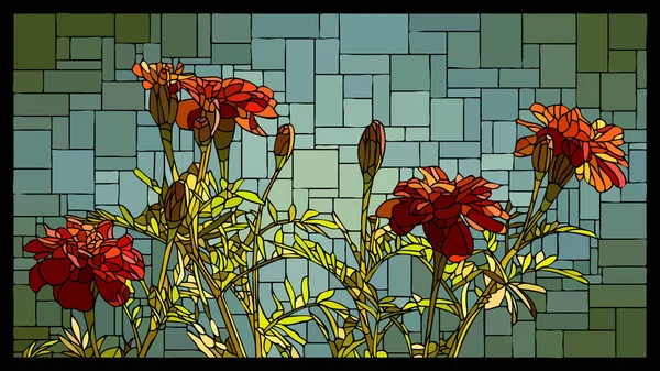 Vektör Açısal Mozaik Kırmızı Çiçeklenme Ile Marigolds Vitray Pencere Çerçevesi — Stok Vektör