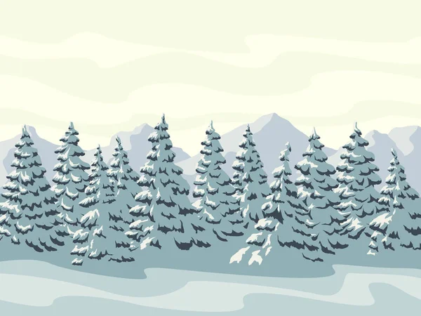 Ilustración Vectorial Horizontal Abetos Nevados Con Montañas — Archivo Imágenes Vectoriales