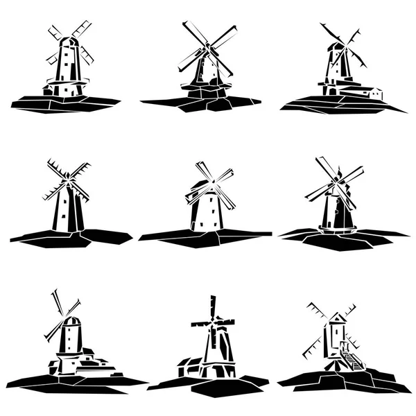 Conjunto Ilustraciones Vectoriales Simples Insignias Estilizadas Molino Viento Blanco Negro — Archivo Imágenes Vectoriales