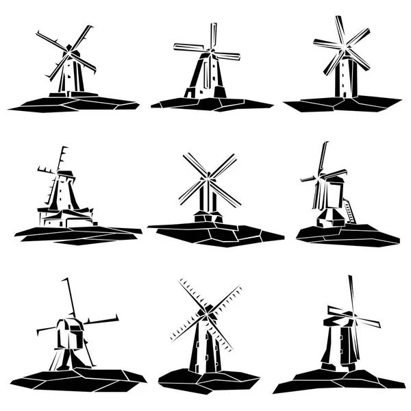Reihe Einfacher Vektorillustrationen Stilisierte Schwarz Weiße Windmühlenabzeichen — Stockvektor