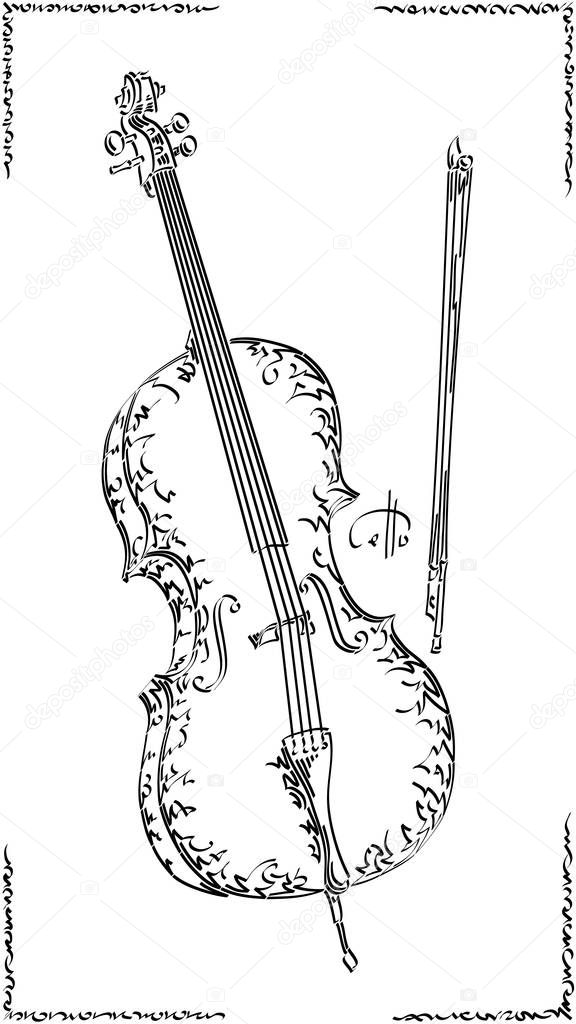 Vector stylized graphic arts sketch of drawing cello.