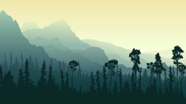 Yatay illüstrasyon sabah sis Dağları ile iğne yapraklı orman (çam ve Ladin).