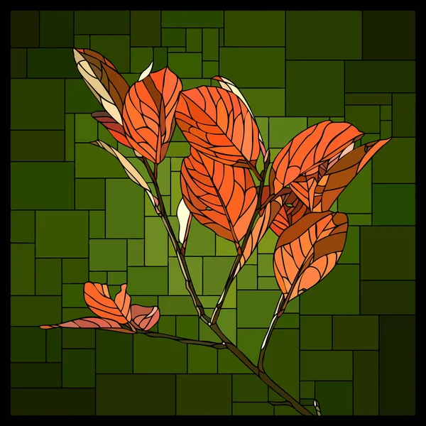 Векторна Кутова Мозаїка Гілок Осіннім Апельсиновим Листям Вітража Зеленому — стоковий вектор