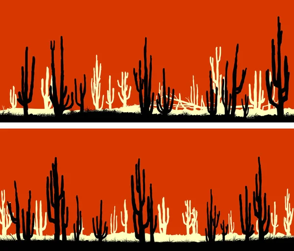 Uppsättning Horisontella Abstrakt Fanor Öknen Med Kaktusar Solnedgången — Stock vektor