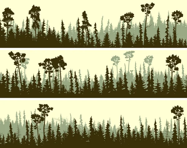 Conjunto de banderas horizontales de siluetas forestales de coníferas . — Vector de stock