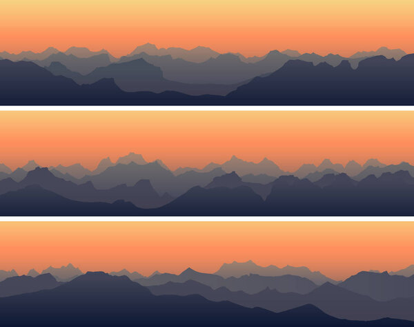 Horizontal banners of rocky high mountains at sunset.