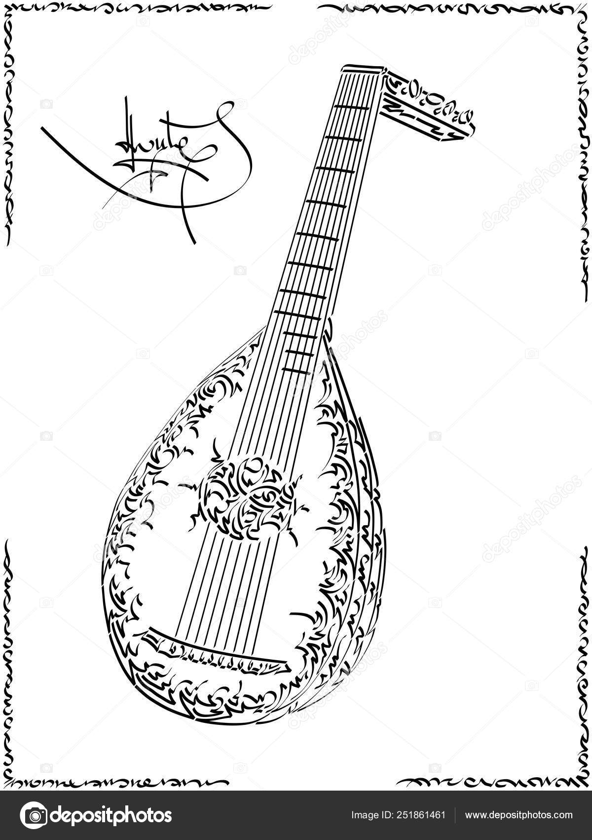 Vector black and white illustration drawing of lute. Stock Vector