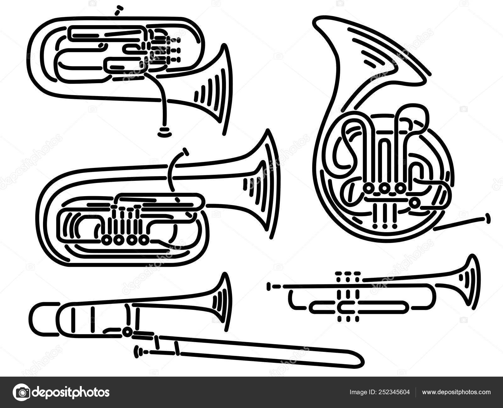 Seminario Tahití espiritual Set of vector brass wind musical instruments drawn by lines. Stock Vector  by ©Vertyr 252345604