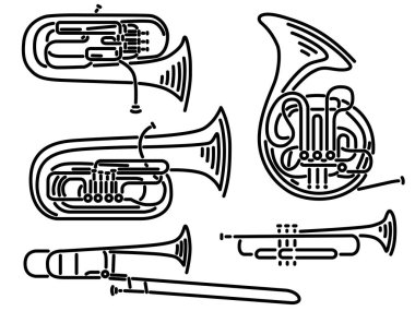 Set of vector brass wind musical instruments drawn by lines. clipart
