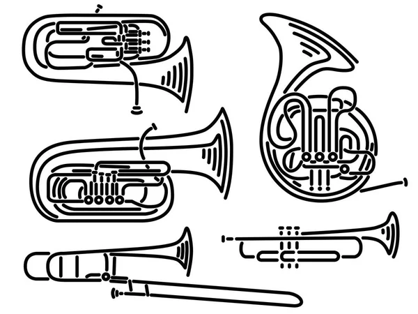 Conjunto de instrumentos musicales de viento de latón vectorial dibujados por líneas . — Vector de stock