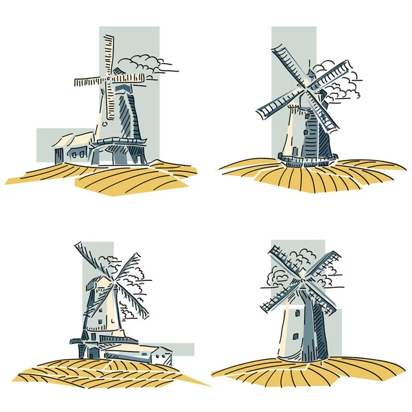 Conjunto de crachás de moinhos de vento simples de cor . — Vetor de Stock