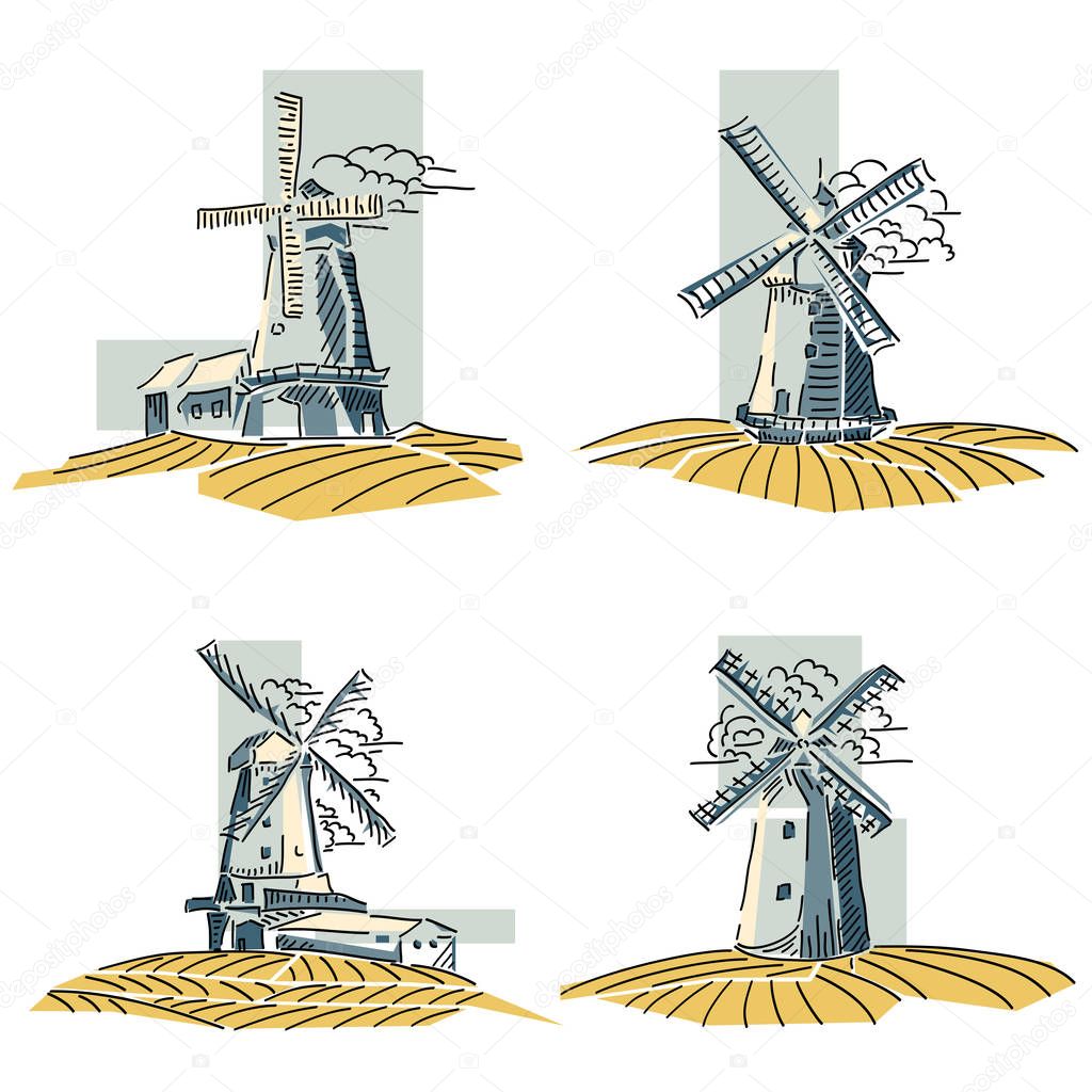 Set of color simple windmills badges.