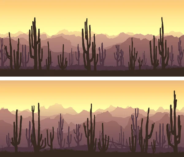 Banderas horizontales de desierto con cactus y montañas al atardecer . — Vector de stock