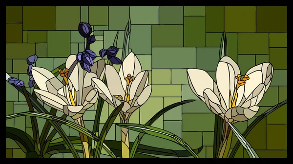 Vector gebrandschilderd glas venster met bloeiende kroeruses met blad. — Stockvector