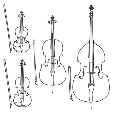 Vektör yaylı telli müzik aletleri çizgilertarafından çizilmiş kümesi.