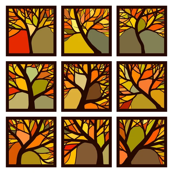 Emblemas quadrados abstratos emoldurados árvores de outono com ramos . — Vetor de Stock