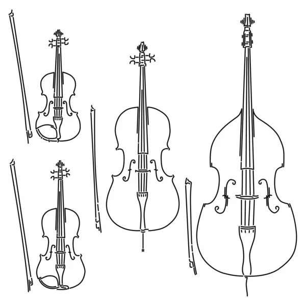 Set of vector bowed stringed musical instruments drawn by lines. — Stock Vector