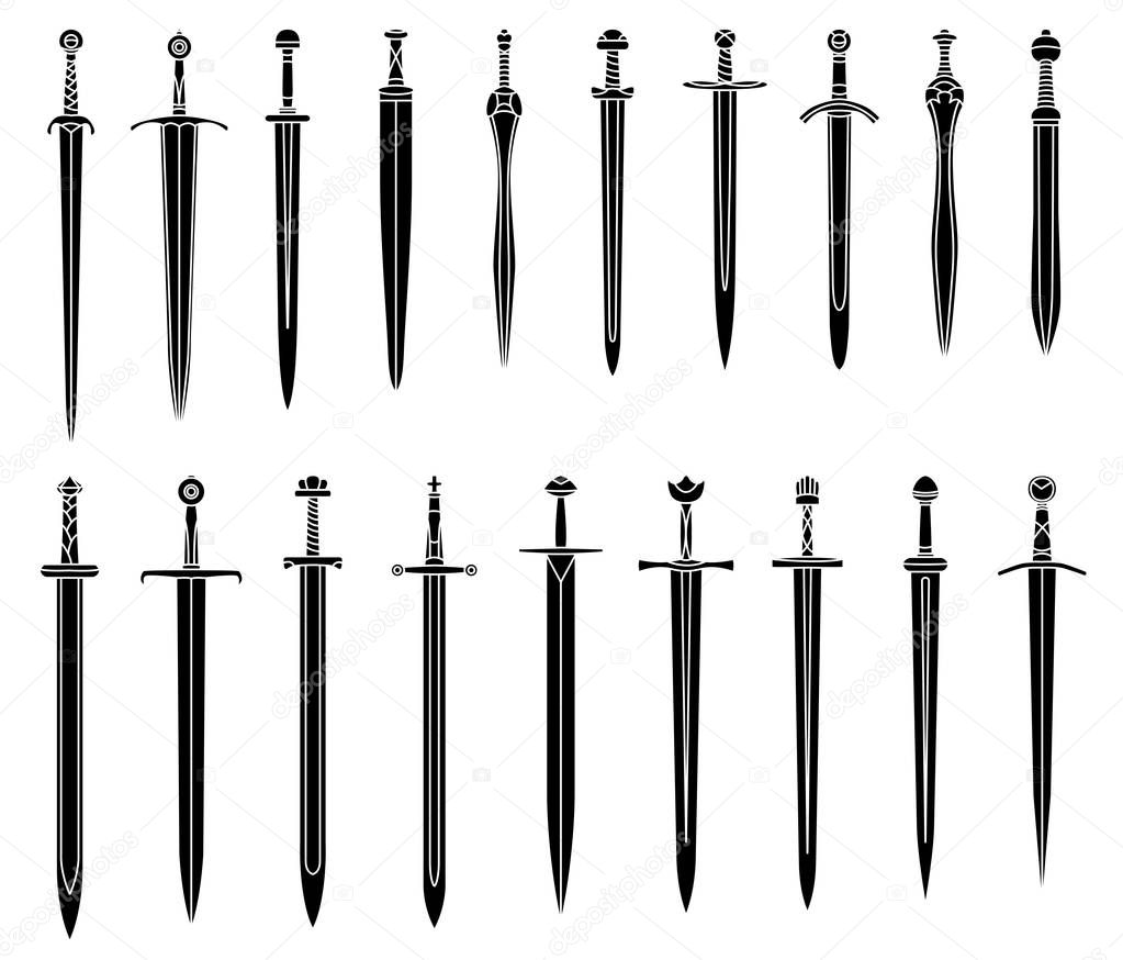 Set of simple monochrome images of medieval short swords.