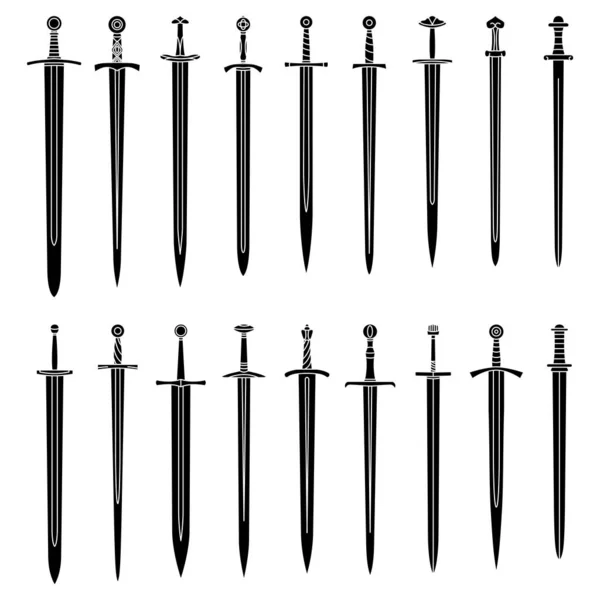 Conjunto de imagens monocromáticas simples de espadas longas medievais . — Vetor de Stock