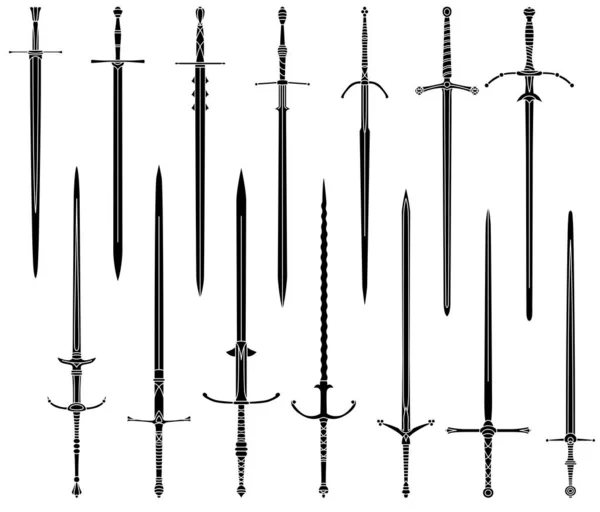 Conjunto de simples imágenes monocromáticas de espadas medievales de dos manos . — Archivo Imágenes Vectoriales
