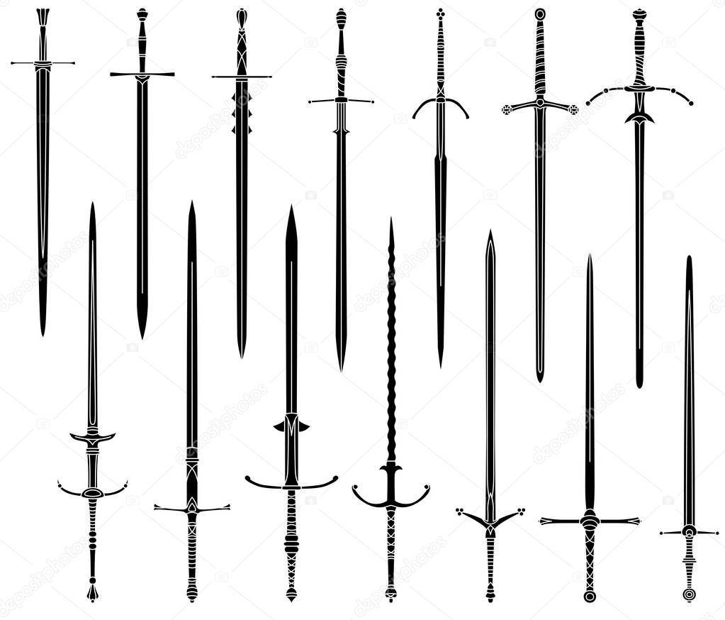Set of simple monochrome images of medieval two-handed swords.