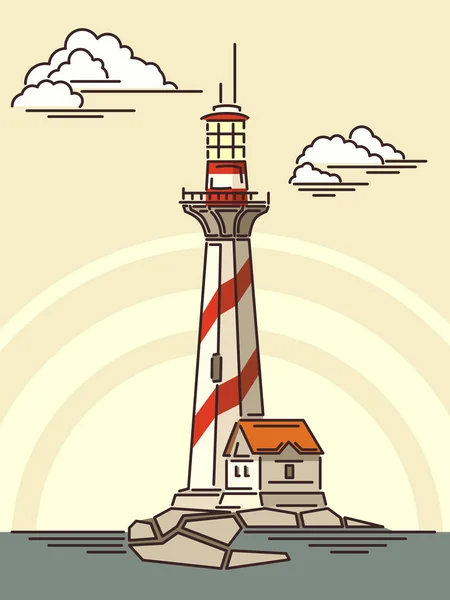 Desenhos animados simples ilustrações de farol com casa . —  Vetores de Stock