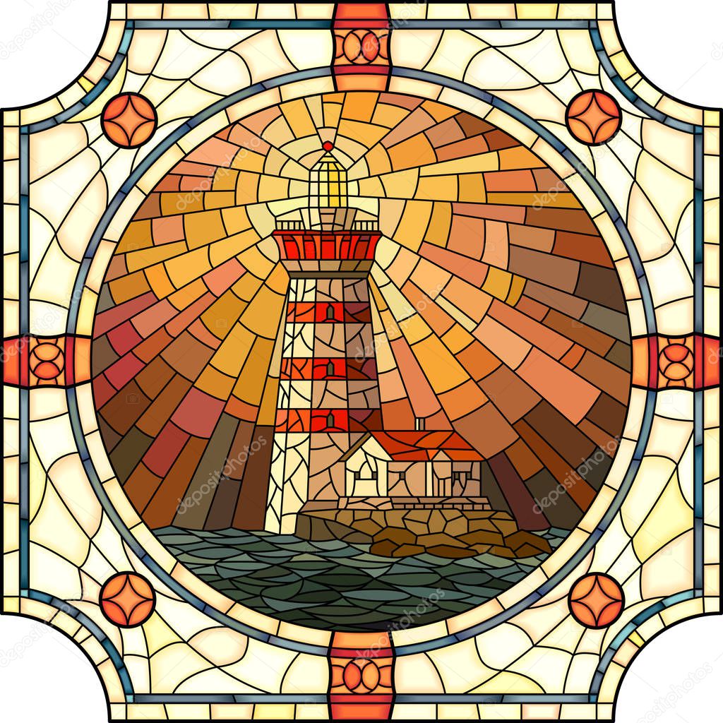 Illustration mosaic of lighthouse at sunset.