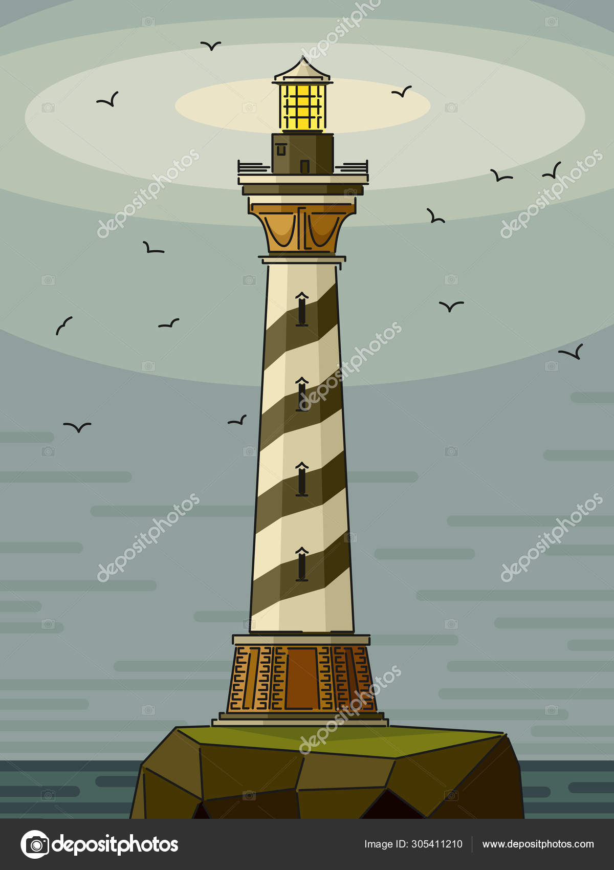 Simple cartoon illustrations of lighthouse on rock island. Stock Vector  Image by ©Vertyr #305411210