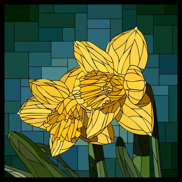 Vector stained glass window with blooming two narcissus flowers. — Stock Vector