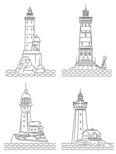 Conjunto de ilustrações de linha simples de farol na ilha . — Vetor de Stock