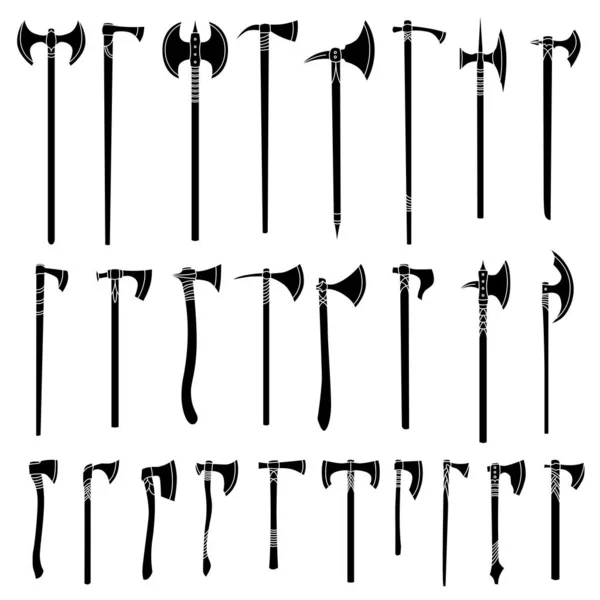 Set van eenvoudige monochrome beelden van middeleeuwse assen en hakmessen. — Stockvector