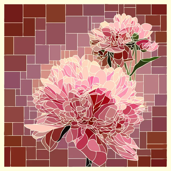 Vector stained glass window with blooming pink peony. — Stock Vector